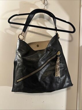Black Leather Shoulder Hobo with Gold Tassel Accent
